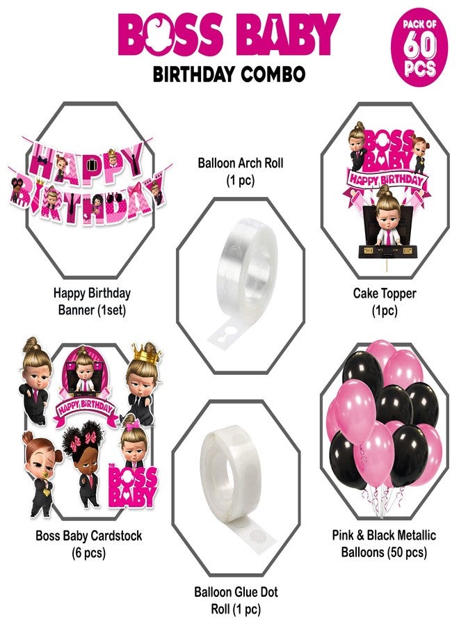 Zyozique Girl Boss Baby Theme Balloon arc decoration,Girl Boss Baby Birthday for Girls with Happy Birthday Paper Banner Cardstock Cake Toppers Balloons Birthday Decoration Kit (Pack of 60) - Image 2